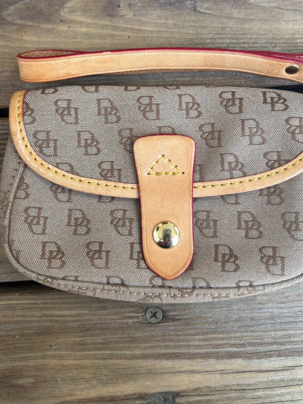Dooney & Bourke Signature Jacquard Wristlet Tan Red Leather